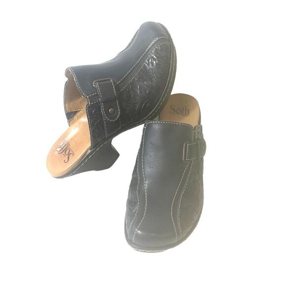 Sofft Womens 7.5 M Navy Blue Textured Floral Leather Slip On Comfort Casual Mule - Picture 2 of 11